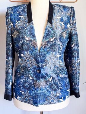 Helmut Lang, Mandala Wet Print Blue Black Floral Blazer Jacket, Size 4